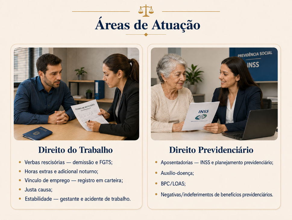Áreas de atuação em Direito do Trabalho e Direito Previdenciário, com as principais situações atendidas